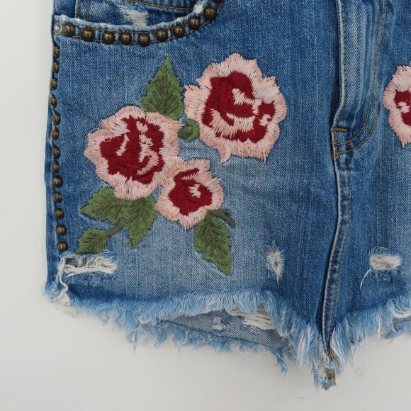 Free People Wild Rose 24 Emrboidered Floral Studded Raw Hem Denim Jean Skirt - Picture 3 of 10